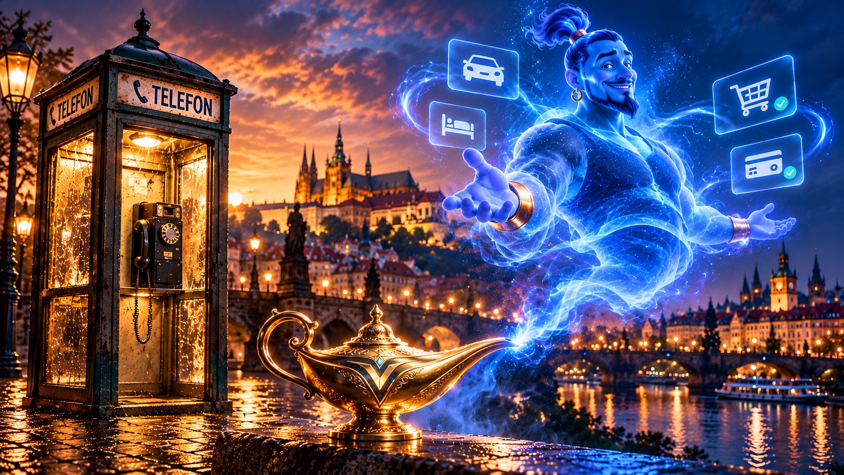 Telefonní budka, Praha, Veruno lampa a modrý džin s obchodními ikonami