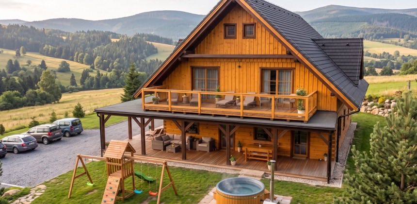 Horská chata s terasou, vířivkou a dětským hřištěm